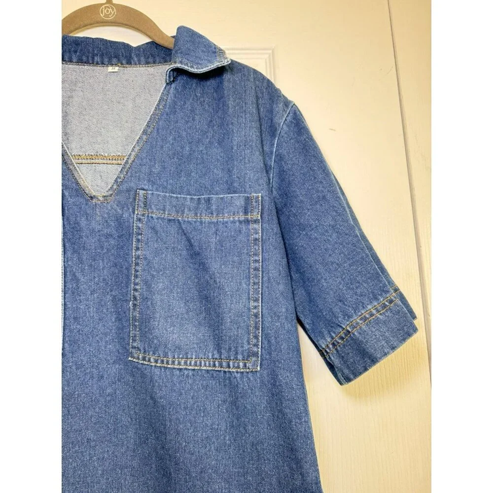Denim Shift Dress Medium Blue Cotton Collared Pocket Casual Mini - Picture 3 of 8